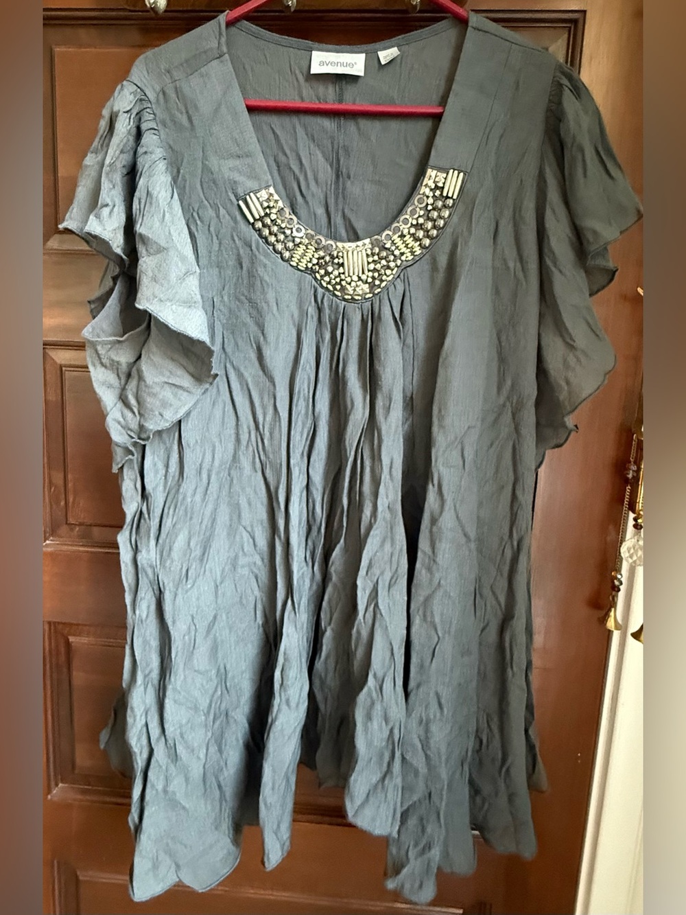 Avenue Gray Beaded V-Neck Flutter Sleeve Tunic